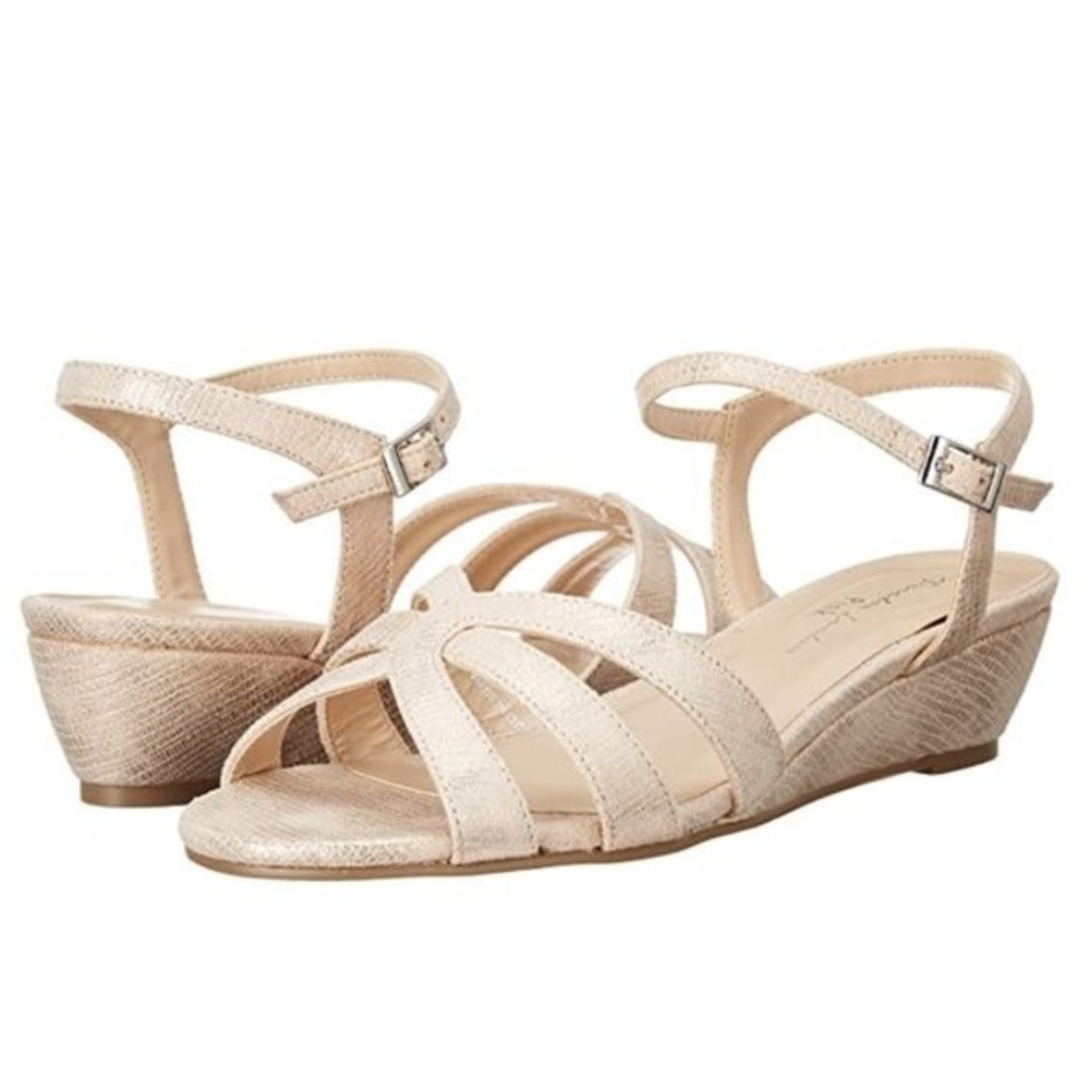 Paradox London Womens Size 9 Low Wedge Nude Gold Shimmer Dress Sandals Shoes